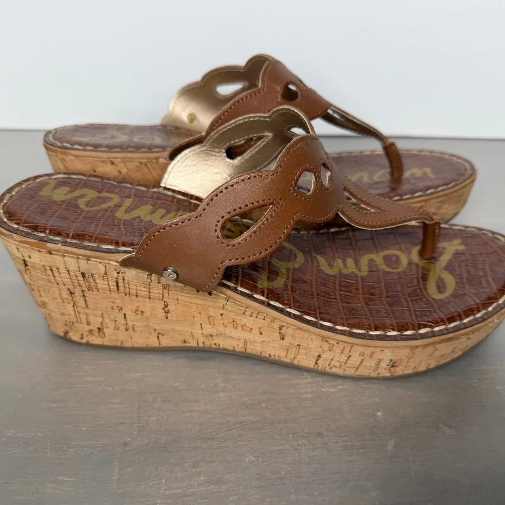 Sam Edelman Ralphie Wedge Sandals Womens 9.5 Brown Leather Cork Thong